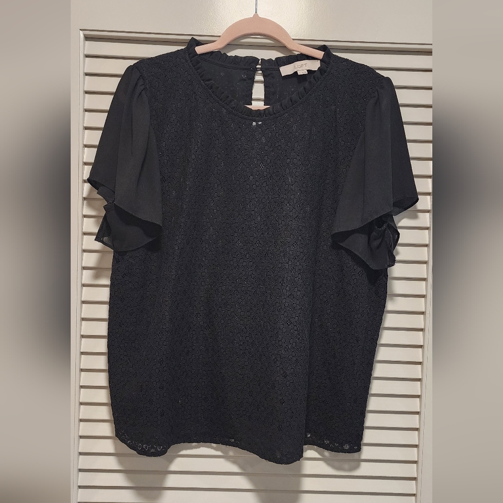 LOFT Black Lace Front Blouse with Flutter Sleeves